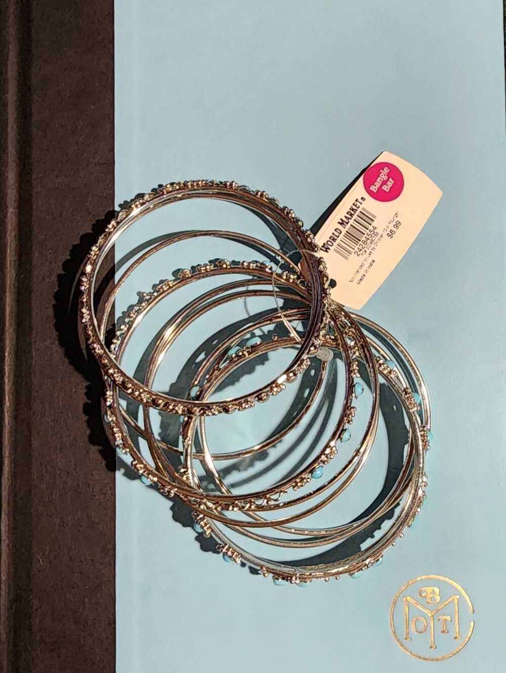 World Market L/XL Metal Bangle Bracelets 9 Pieces In Colors Silver And Sky Blue